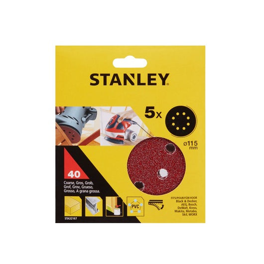 Discos para lixadeira orbital aleatória Stanley (STA32167-XJ) de 115 mm e 40 g (pacote com 5)