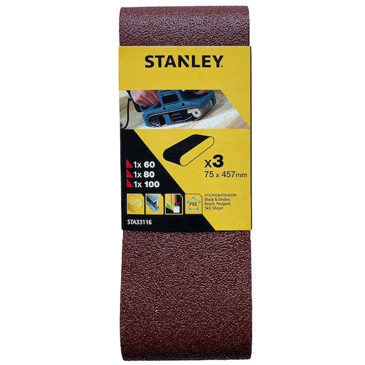 Bandas de lija Stanley (STA33116-XJ) de grano mixto 60, 80 y 100 g, 75 x 457 mm x 3