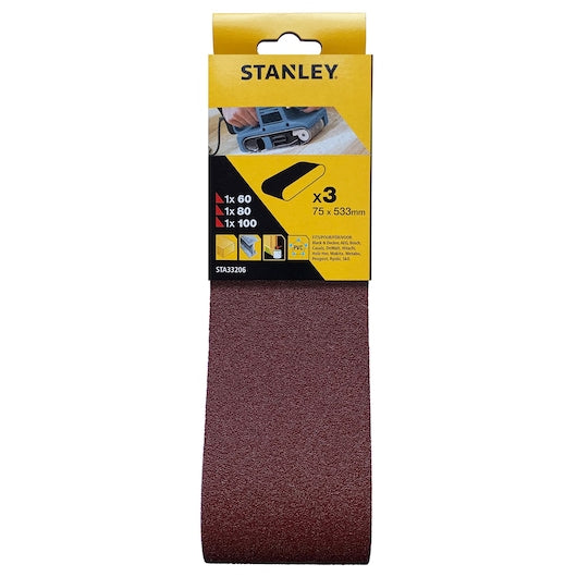 Bandas de lija de grano mixto Stanley (STA33206-XJ) de 75 x 533 mm (paquete de 3)