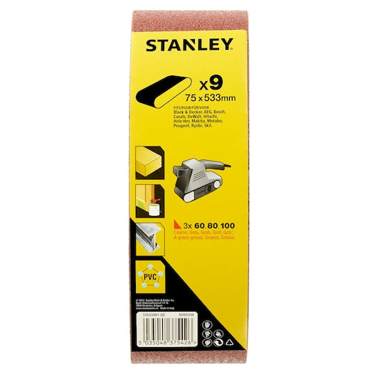 Lixas de cinta Stanley (STA33481-QZ) de grãos mistos, 75 x 533 mm (pacote com 9)