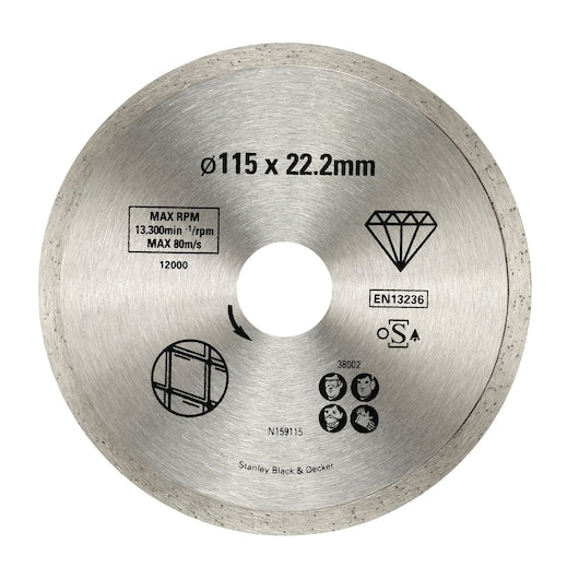 Disco de diamante Stanley (STA38002-XJ) de 115 x 22,23 mm com borda contínua para corte de azulejos.