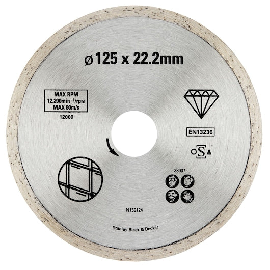 Disco de diamante Stanley (STA38007-XJ) com borda contínua de 125 x 22,23 mm para corte de azulejos.