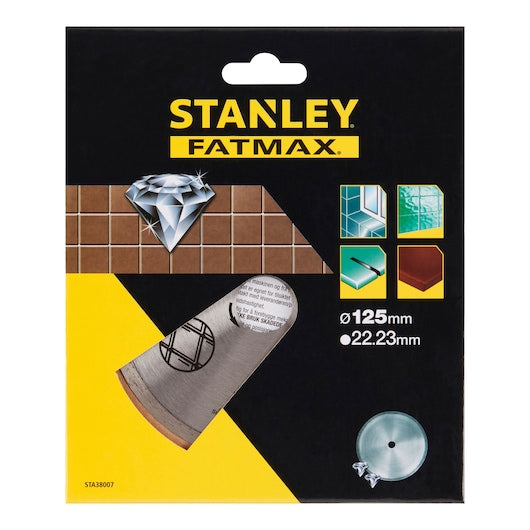 Disco de diamante Stanley (STA38007-XJ) com borda contínua de 125 x 22,23 mm para corte de azulejos.