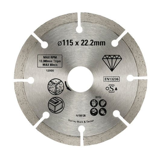 Disco de corte diamantado com borda segmentada Stanley (STA38102-XJ) de 115 x 22,23 mm para concreto.