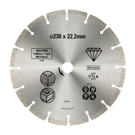 Hoja de diamante con borde segmentado Stanley (STA38117-XJ) de 230 x 22,23 mm para corte de hormigón