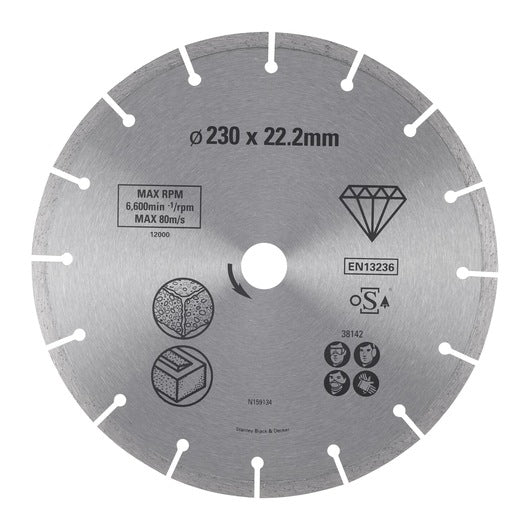 Hoja de diamante con borde segmentado Stanley (STA38142-XJ) de 230 x 22,23 mm para corte de hormigón