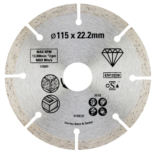 Hoja de diamante con borde segmentado Stanley (STA38162-XJ) de 115 x 22,23 mm para corte de piedra