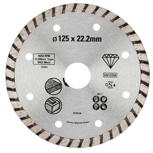 Disco de corte diamantado Stanley (STA38217-XJ) Turbo Rim de 125 x 22,23 mm para corte de granito