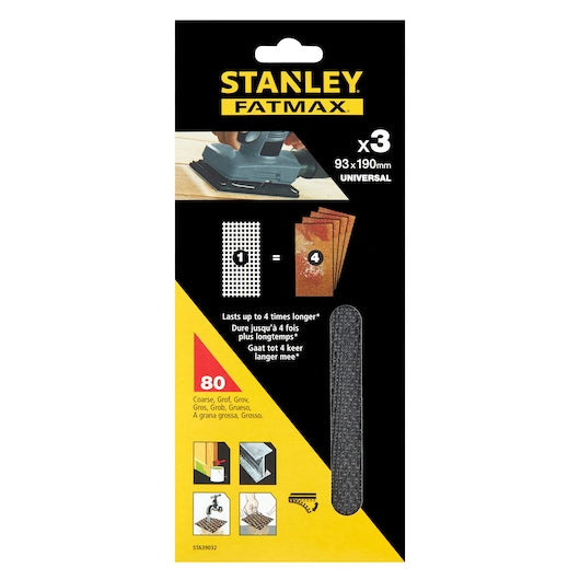 Stanley (STA39032-XJ) FATMAX® 93 x 190 mm 80 g 1/3 Folha Lixa de Encaixe Rápido (Pacote com 3)