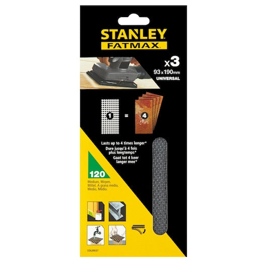 Stanley (STA39037-XJ) Malla de lijado FATMAX® de 93 x 190 mm, 120 g, 1/3 de hoja, ajuste rápido (paquete de 3)
