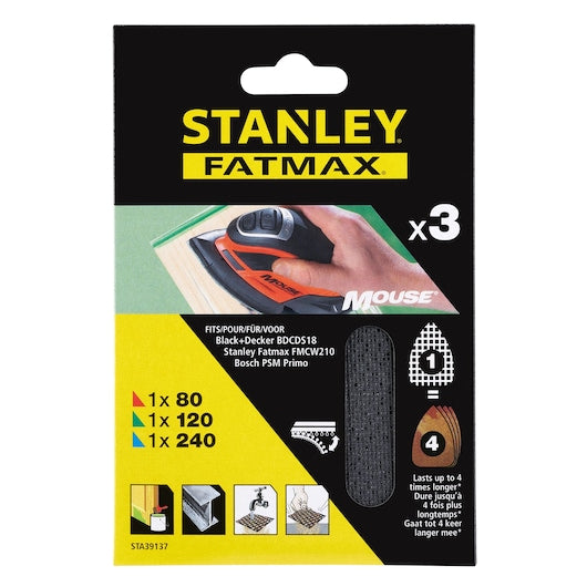 Stanley (STA39137-XJ) FATMAX® Tela de lixa 80, 120, 240g para lixadeira de detalhes MOUSE® (pacote com 3)