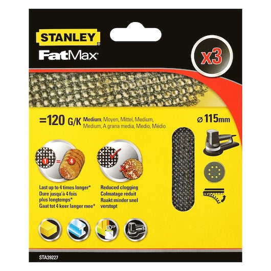 Stanley (STA39227-XJ) Discos de lixa para lixadeira orbital aleatória FATMAX® 120g 115mm x3
