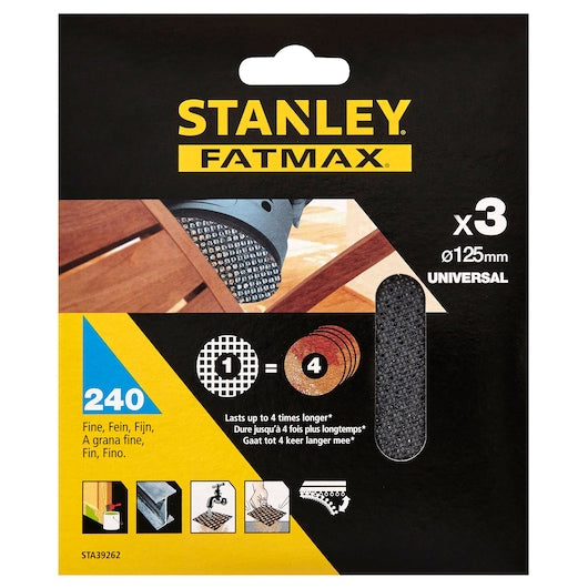 Stanley (STA39262-XJ) Discos de lixa orbital aleatória FATMAX® 125mm 240g (pacote com 3)