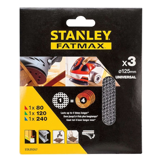 Stanley (STA39267-XJ) FATMAX® 125mm 80, 120, 240g Random Orbit Sander Mesh Discs (3 Pk)
