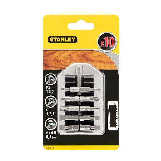 Stanley (STA61481-XJ) Conjunto de 10 Pontas de Chave de Fenda Variadas de 25mm com Clipe para Cinto e Suporte Magnético para Pontas.