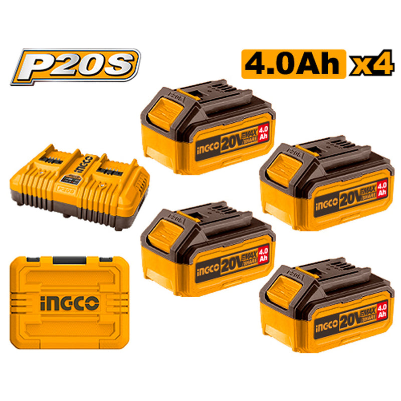 INGCO (FBCLI20244) Pacote Profissional – 4 baterias de 20 V 4,0 Ah + carregador duplo + mala de transporte