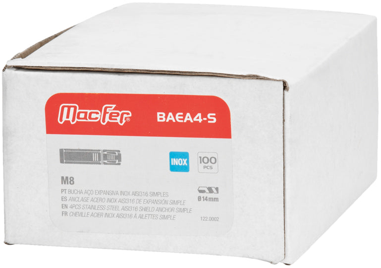 Anclaje de expansión Macfer (BAEA4-S) de acero inoxidable AISI316 liso