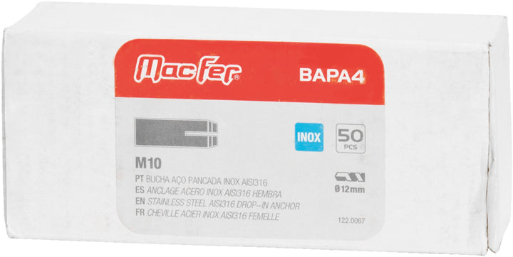 Anclaje de expansión hembra Macfer (BAPA4) de acero inoxidable AISI316