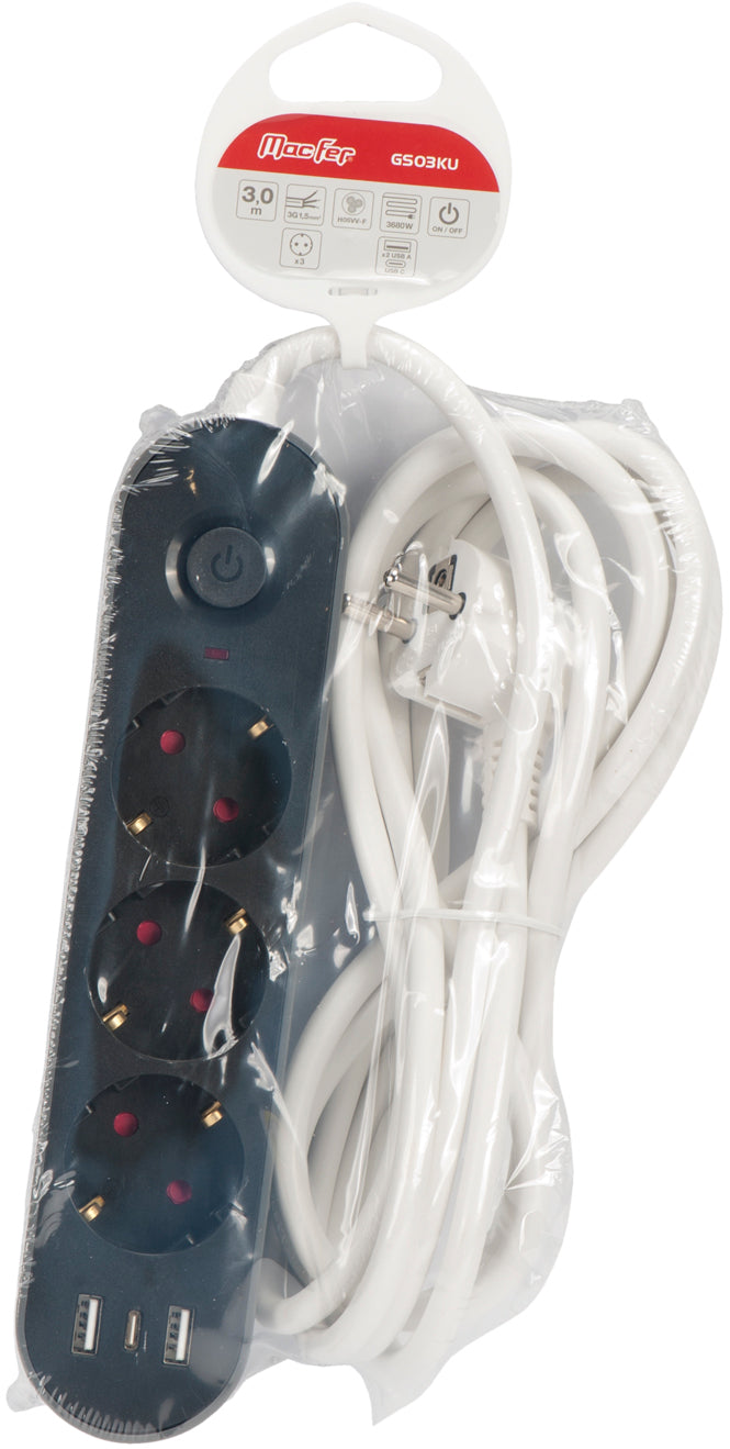 Regleta Macfer (GS03KU) con interruptor, 3 tomas + 3 USB