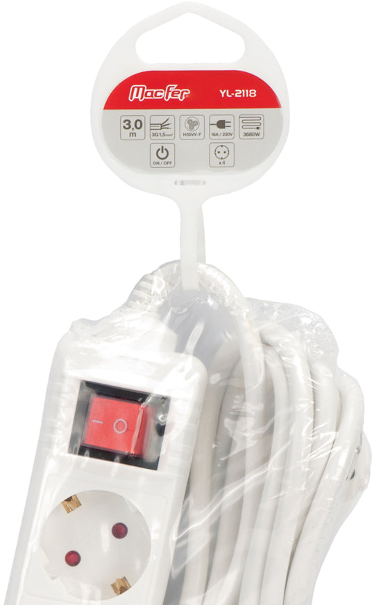Regleta de enchufes Macfer (YL-2118) con interruptor de 4 tomas