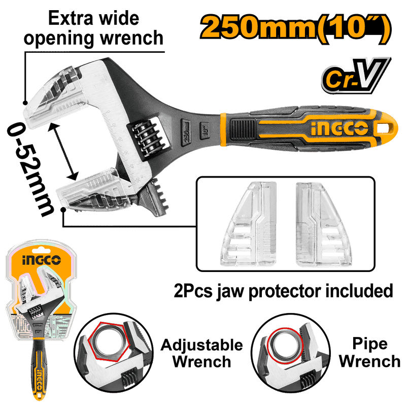 INGCO (HADWG0810) Adjustable Wrench With Dual-Material Handle, 250mm, With Protectors.
