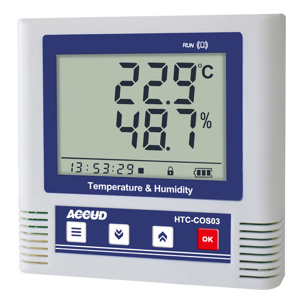 Medidor de temperatura y humedad Accud (HTC-COS03-EN) con registrador de datos