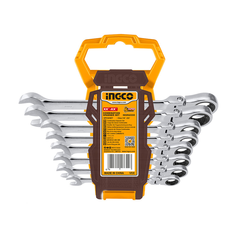 INGCO (HKSPAR1083) Set Of 8 Open-End Wrenches With Ratchet, 6-19mm, 180º