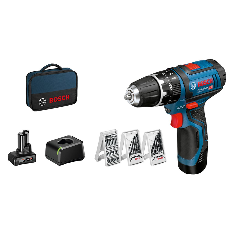 Furadeira combinada sem fio profissional Bosch GSB 12V-15 + 2.0+4.0Ah + acessórios