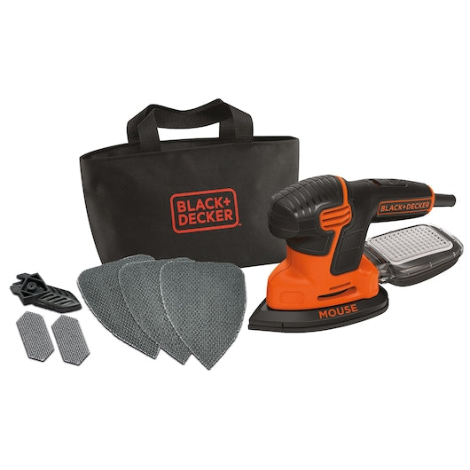 Lixadeira elétrica Black&Decker (KA2000-QS) de 120 W, modelo Next Generation Mouse®, com 6 acessórios e bolsa de armazenamento.