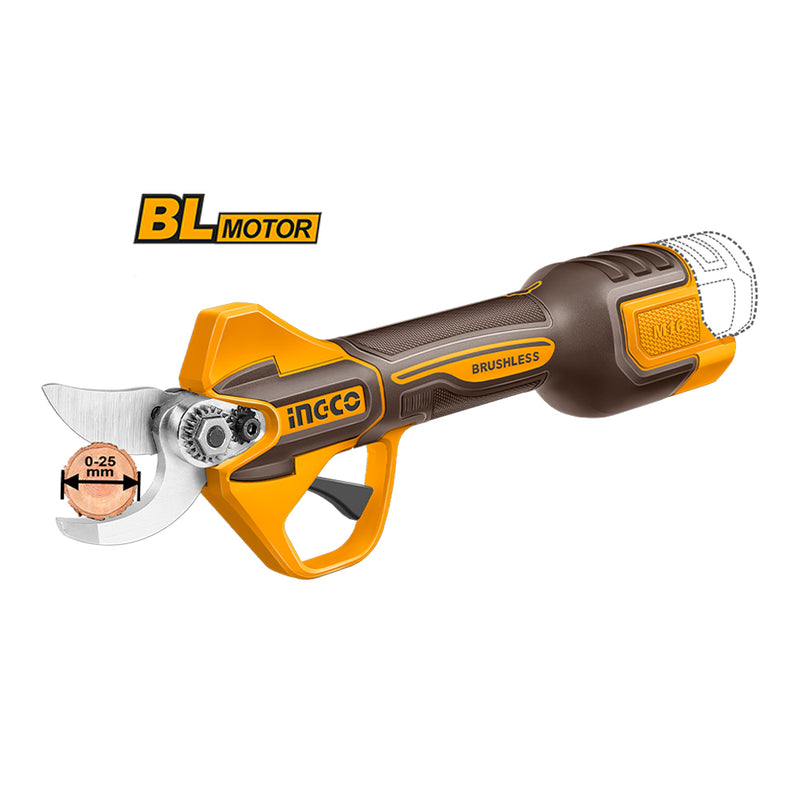 Tijeras de podar INGCO (CSSLI162582E) 16V 25cm + 2 baterías 2A + CA + Estuche