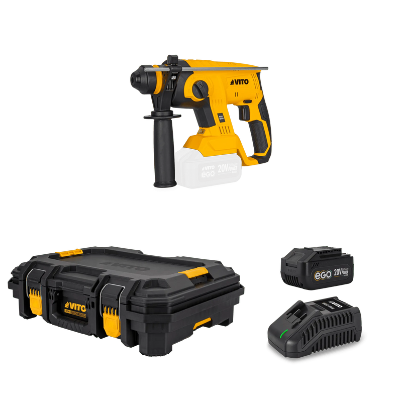 Vito (PACK10EGOIRON) Ego Pack Iron: Martelo Perfurador Rotativo sem Escovas 20V, Carregador Rápido, Bateria de 6Ah, Caixa de Ferramentas Modular com Tampa para Armazenamento