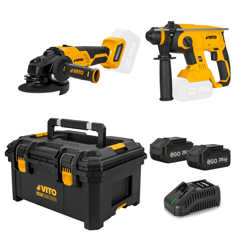 Paquete Vito (PACK3EGOIRON) Ego Iron: Martillo rotativo, amoladora angular de 125 mm, cargador rápido, 2 baterías de 4/6 Ah, caja de herramientas modular mediana