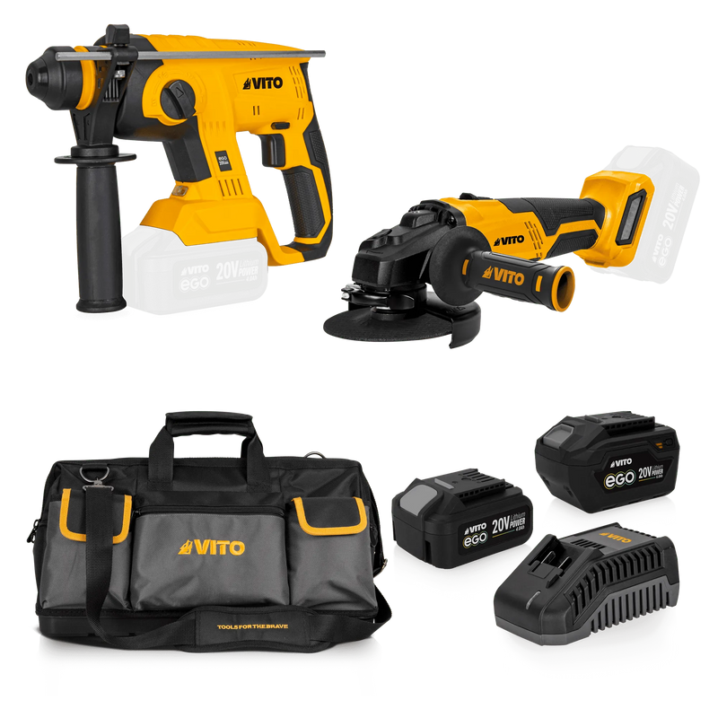 Vito (PACK3EGOPRO) Ego Pack Pro: Martillo rotativo, amoladora angular, cargador, 2 baterías y bolsa.