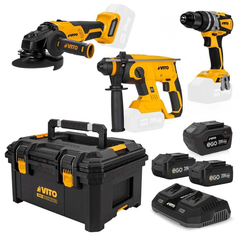 Kit Vito (PACK4EGOIRON) Ego Iron: Taladro combinado, amoladora angular de 115 mm, martillo perforador, 3 baterías de 4/6 Ah, cargador doble, estuche modular para herramientas.