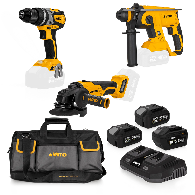 Paquete Vito (PACK4EGOPRO) Ego Pro: Taladro combinado, amoladora angular, martillo perforador, 3 baterías, cargador y bolsa