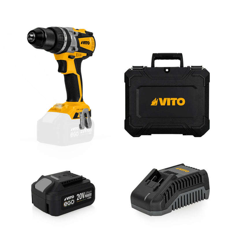 Vito (PACK4EGO) Berbequim Combinado sem Escovas Ego 20V, Bateria, Carregador e Mala BMC