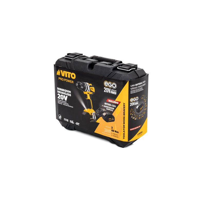 Vito (PACK4EGO) Berbequim Combinado sem Escovas Ego 20V, Bateria, Carregador e Mala BMC