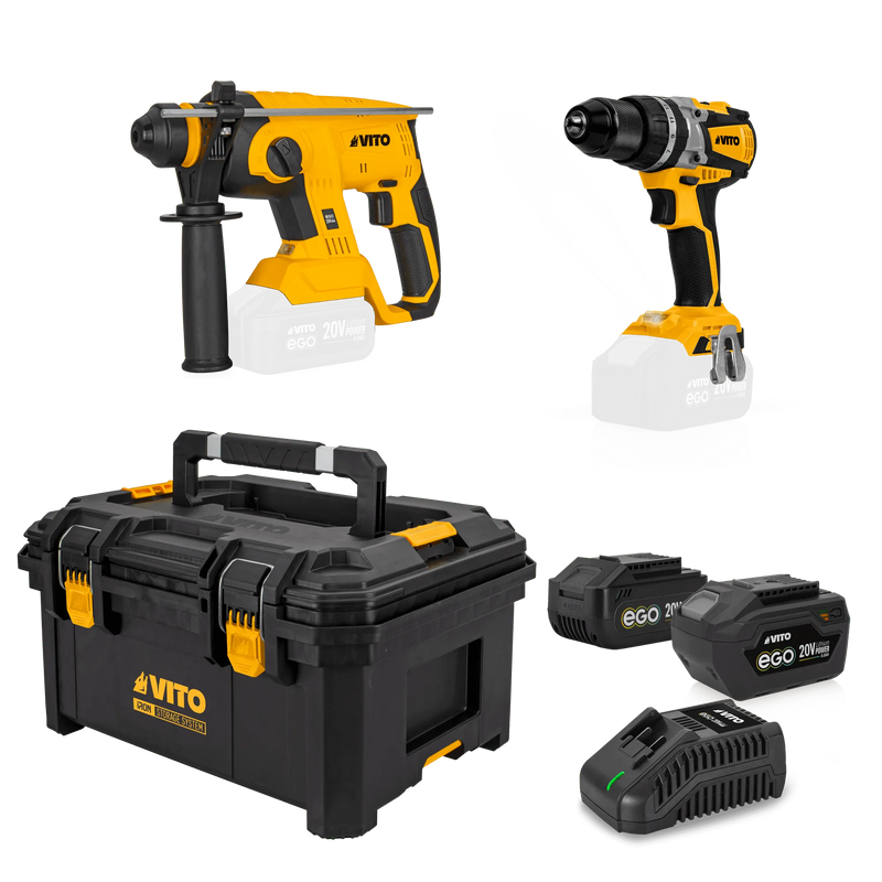 Vito (PACK5EGOIRON) Ego Iron Pack: Martelo Perfurador, Berbequim Combinado, Carregador Rápido, 2 Baterias de 4/6Ah, Caixa de Ferramentas Modular Média