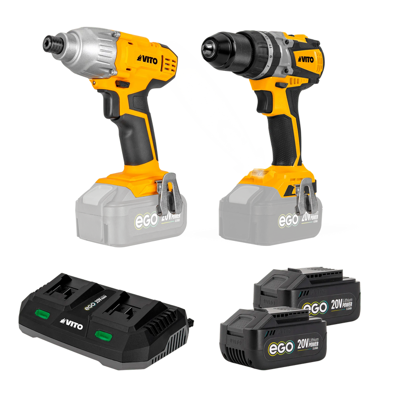 Vito (PACK5EGOPRO) Brushless Combi Drill + Impact Driver + 2x Batteries 20V + Dual Charger + Bag