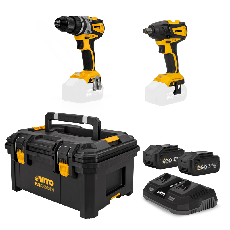 Vito (PACK6EGOIRON) Ego Iron Pack: Berbequim Combinado, Chave de Impacto, Carregador Duplo Rápido, 2 Baterias de 4/5Ah, Caixa de Ferramentas Modular Média