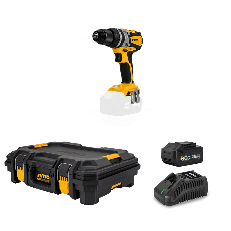 Vito (PACK7EGOIRON) Ego Iron Pack: Berbequim Combinado sem Escova 20V, Carregador Rápido, Bateria de 4Ah, Caixa de Ferramentas Modular para Armazenamento.
