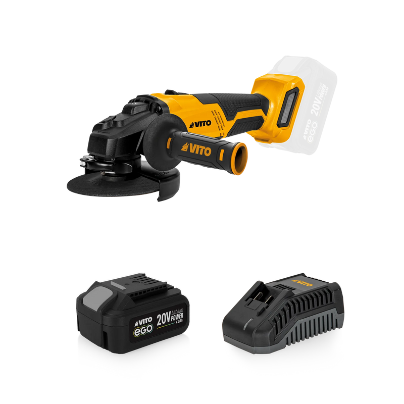 Amoladora angular sin escobillas Vito (PACK7EGO) de 115 mm Ego 20V, con batería, cargador y maletín BMC