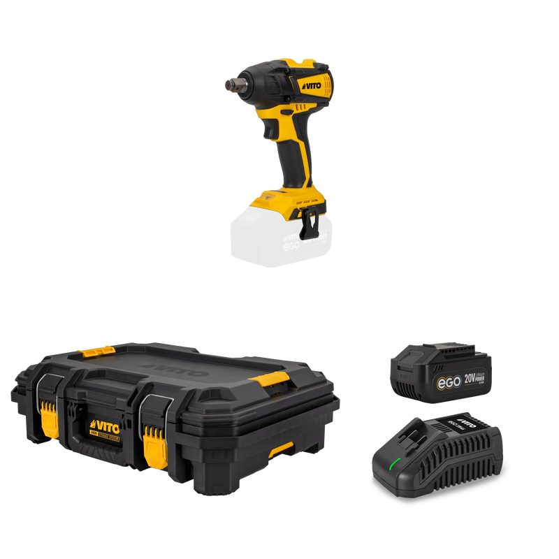 Vito (PACK8EGOIRON) Ego Iron Package: Chave de Impacto sem Escova 20V, Carregador Rápido, Bateria de 4Ah, Caixa de Ferramentas Modular para Armazenamento.
