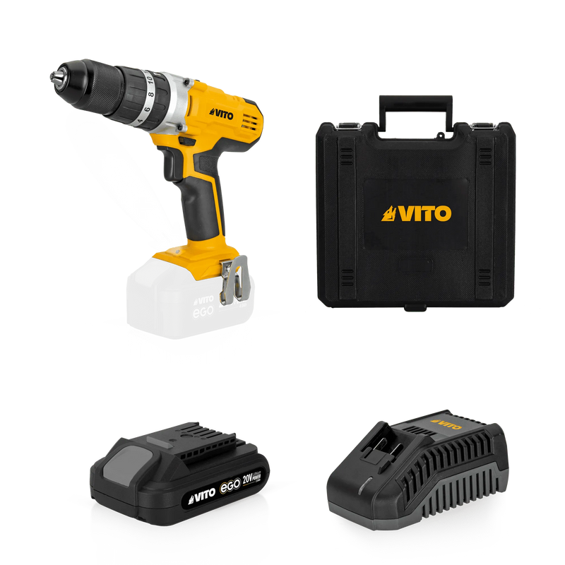Berbequim/Aparafusador Combinado sem Fio Vito (PACK8EGO) Ego 20V Li, com Bateria de 2.0 Ah, Carregador e Mala BMC