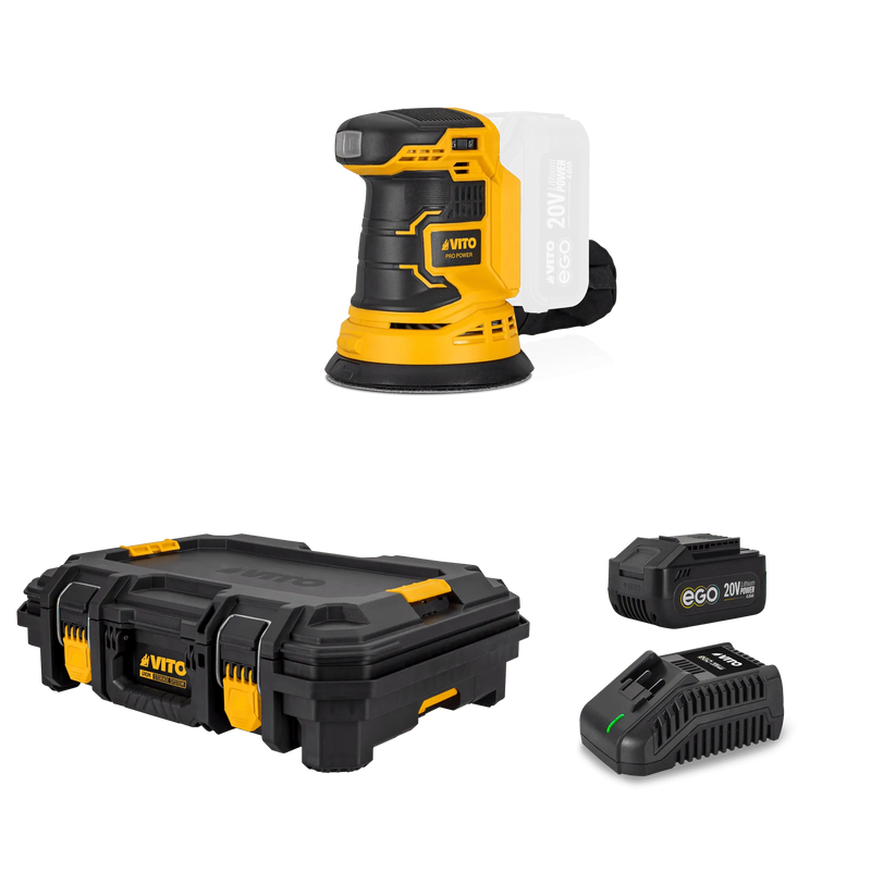 Vito (PACK9EGOIRON) Pack Ego Iron: Lixadora Orbital 20V, Carregador Rápido, Bateria de 4Ah, Caixa de Ferramentas Modular para Arrumação.