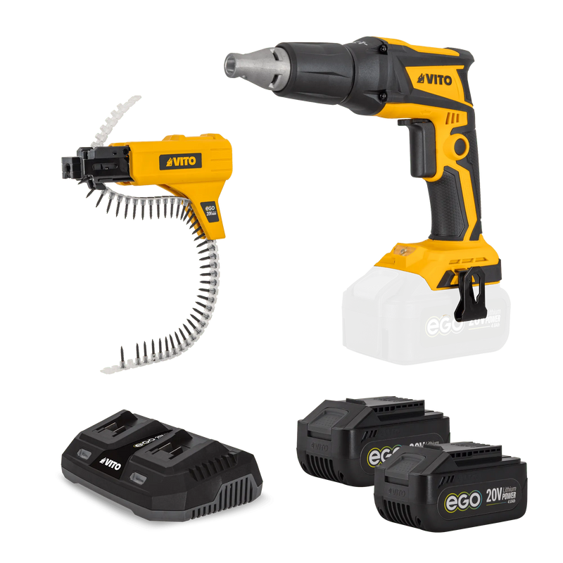 Paquete Vito (PACK9EGO) Ego: Atornillador para paneles de yeso sin escobillas, accesorio de atornillador con avance automático, batería de 3 Ah y cargador.