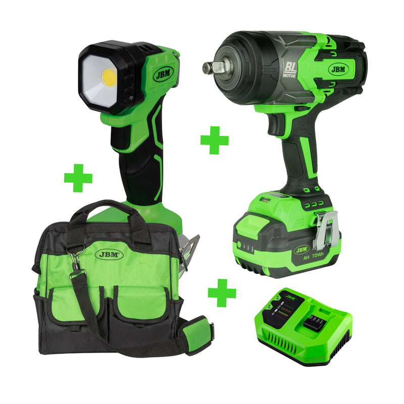 JBM (PROMO-60044) 60044 Chave de Impacto sem Escova de 1/2" + 60015 Bateria de 6,0 Ah + 60016 Carregador de 20 V + 60035 Lanterna LED + 53702