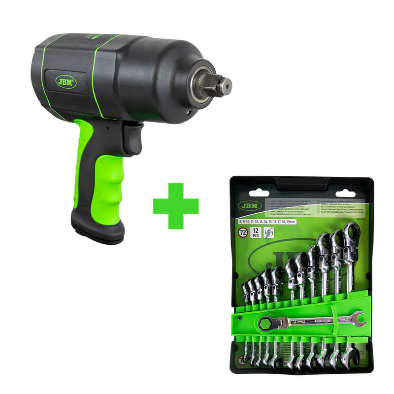 JBM (SERIE375) Serie375: X10 Set Of 12 Hinged Combination Spanners 51318 + X10 Impact Wrench 1/2" 1200nm 53608