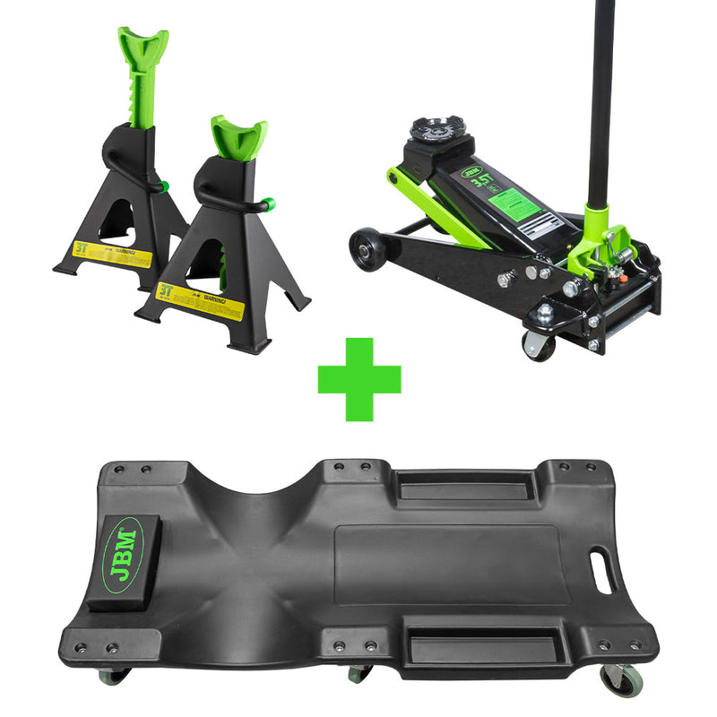 JBM (SERIE377) 53779 2 Axle Stands Set 3 Ton + 52148 Inspection Creeper + 50818 Heavy Duty Trolley Jack 3,5t