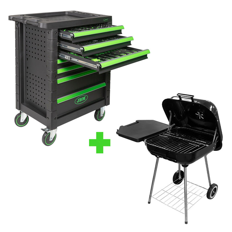 JBM (SERIE386) Promo 7 Drawer Cabinet - Green Verde 53904 + Kettle Bbq Grill  53931